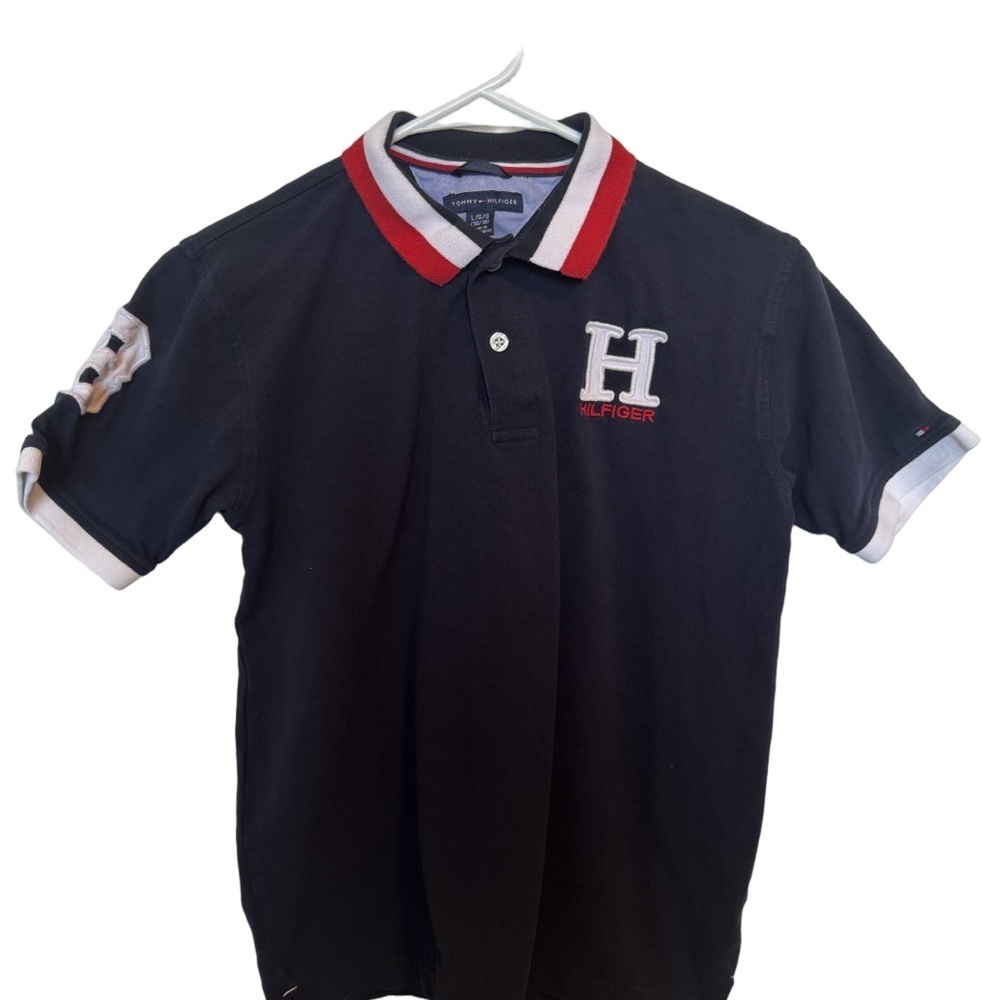 Tommy Hilfiger Boys Navy Polo with White & Red Short Sleeve Large (16/18)
